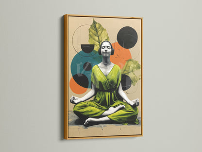 A gold frame displays calming meditation artwork. The zen yoga canvas print shimmers with elegance. This mindfulness poster creates a spiritual ambiance. Elevate your home or yoga studio decor with golden art.