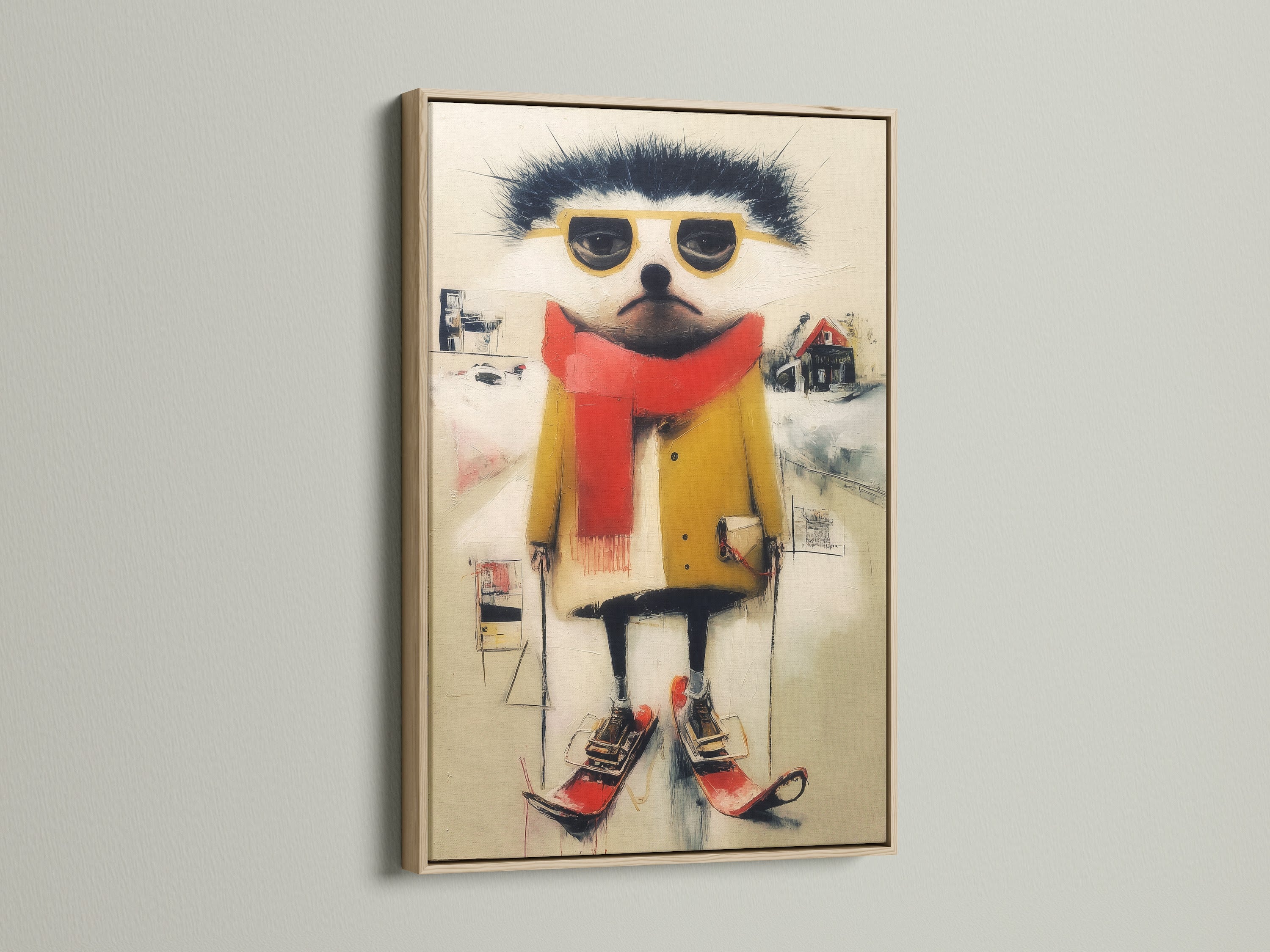 Oak frame featuring a quirky ski animal canvas print. The whimsical art brings a touch of winter to your walls. Ideal for kids' rooms or playrooms. This contemporary folk art adds character to any space