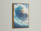 Surreal tiger wave art in a gold frame. A surfer rides a blue ocean wave. The tiger is a fantasy animal. This mystical canvas art is perfect for bedroom wall decor. Upgrade your decor today.