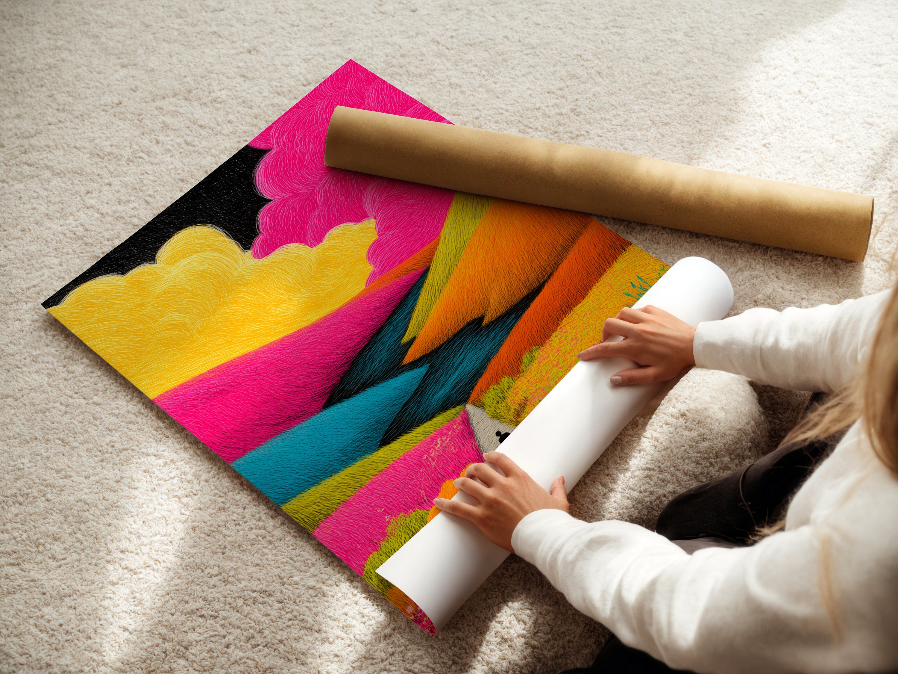 This is a woman rolling a fine art poster paper. The poster is being carefully prepared. We ensure quality and care in every print. The paper is smooth and ready for framing. Experience art in its finest form.