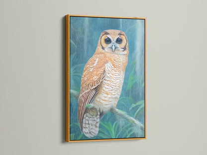 A gold frame displays an elegant owl artwork. The metallic finish adds a touch of luxury and sophistication. It's perfect for enhancing your home decor with a refined touch. This piece offers a unique focal point for any room. It's ideal for those who appreciate fine art and wildlife.