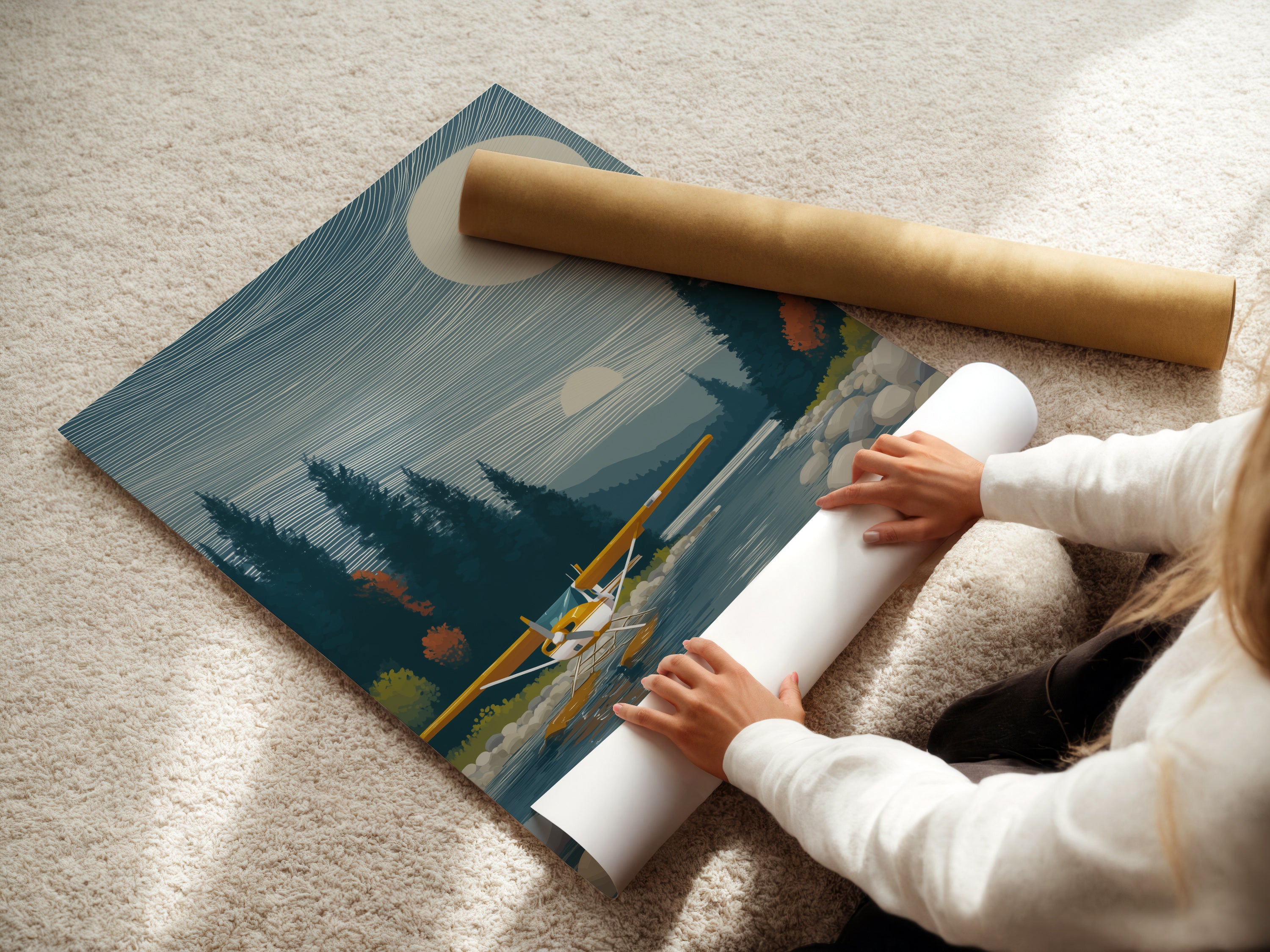 A woman carefully rolling a fine art poster paper featuring seaplane artwork. Lake landscape wall artwork for cabin decor. High-quality print ready to enhance your living space. Perfect for aviation enthusiasts and rustic decor lovers alike.