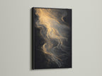 A framed artwork with a black frame hangs on a wall. The artwork features a captivating abstract art with gold and black ink patterns. The black frame provides a bold and sophisticated contrast. Add depth to your decor.