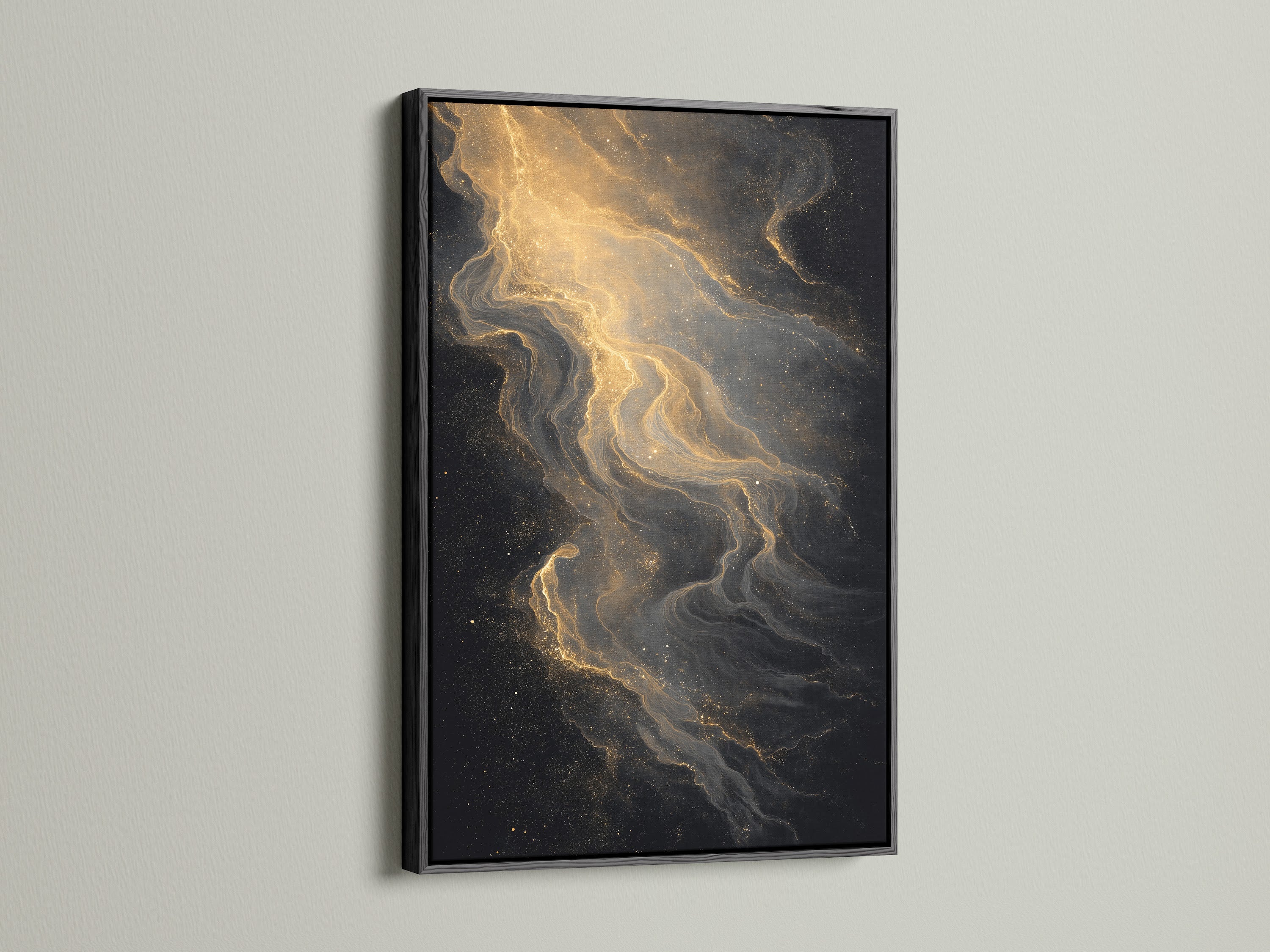 A framed artwork with a black frame hangs on a wall. The artwork features a captivating abstract art with gold and black ink patterns. The black frame provides a bold and sophisticated contrast. Add depth to your decor.