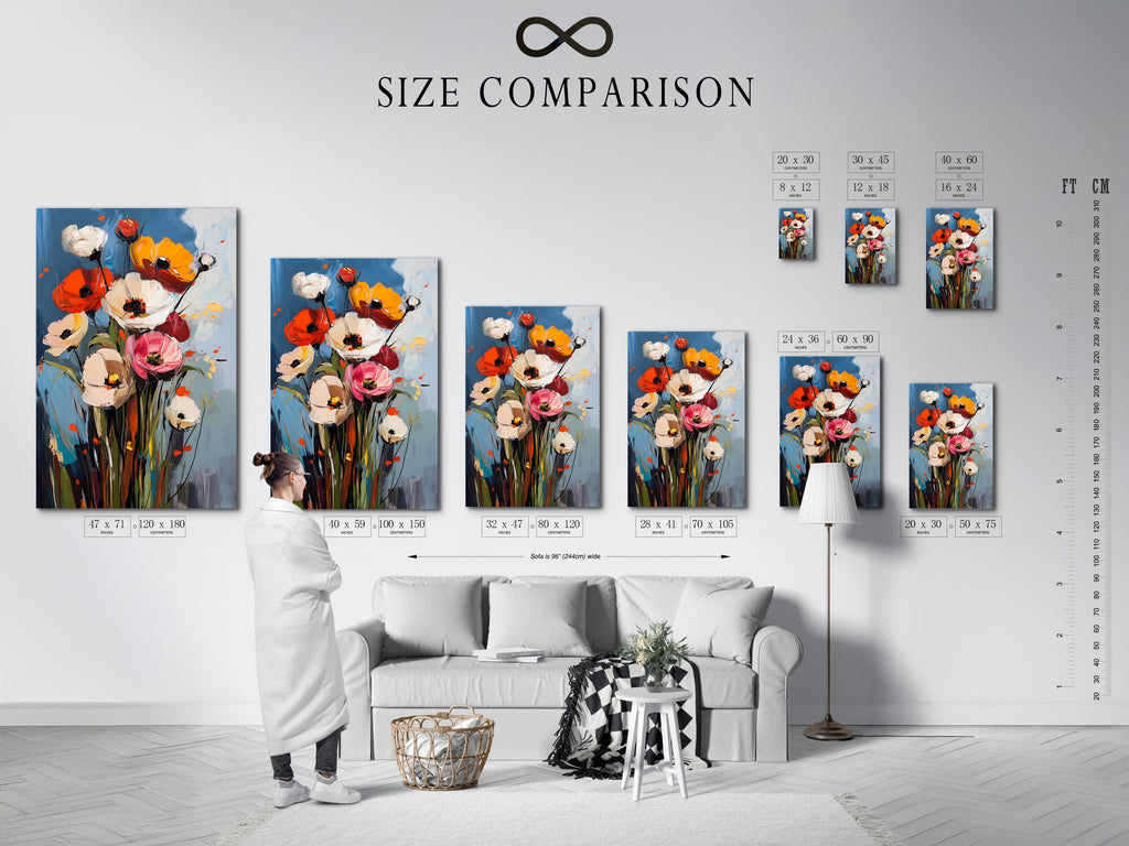 Size comparison chart in an interior setting. Visualize artwork sizes in a real room setting. This chart helps you choose the perfect dimensions for your space. Ensure your artwork fits seamlessly. Explore our size guide now.