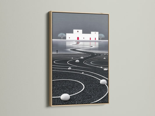 This is a serene surreal art print in an oak frame. The abstract landscape features minimalist architecture and geometric shapes. It's ideal zen wall decor for a modern office space or contemporary home.
