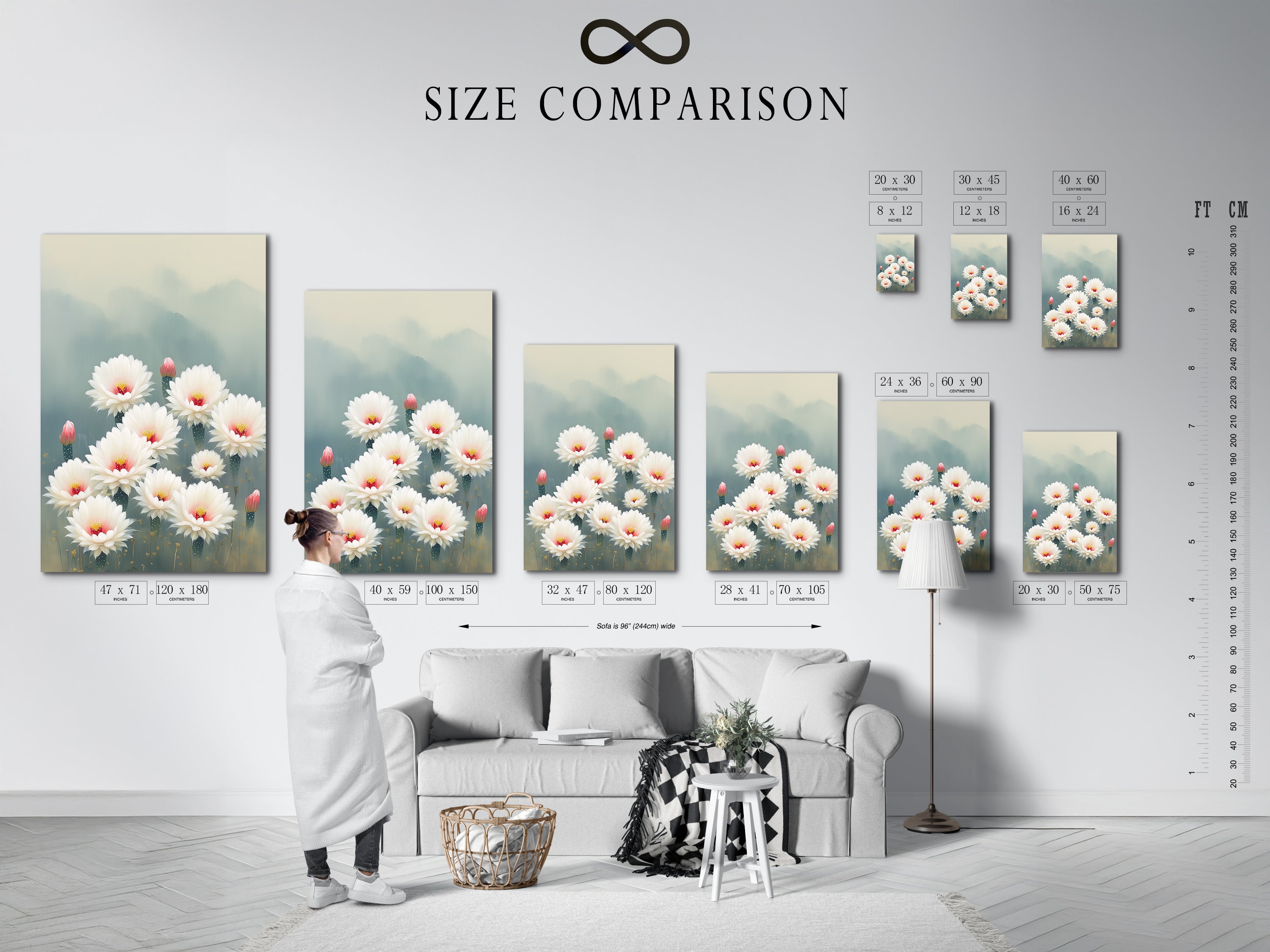Size comparison chart in an interior setting. See how the Cactus Flower artwork fits your space. This botanical print is available in multiple sizes. The desert bloom floral canvas can transform any room. Plan your bedroom wall decor today.