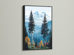 Mountain Forest artwork in a black frame. The black frame makes the mountain art pop. This is great cabin wall art. Nature photography enhances any space. Explore rustic artwork for your interior.