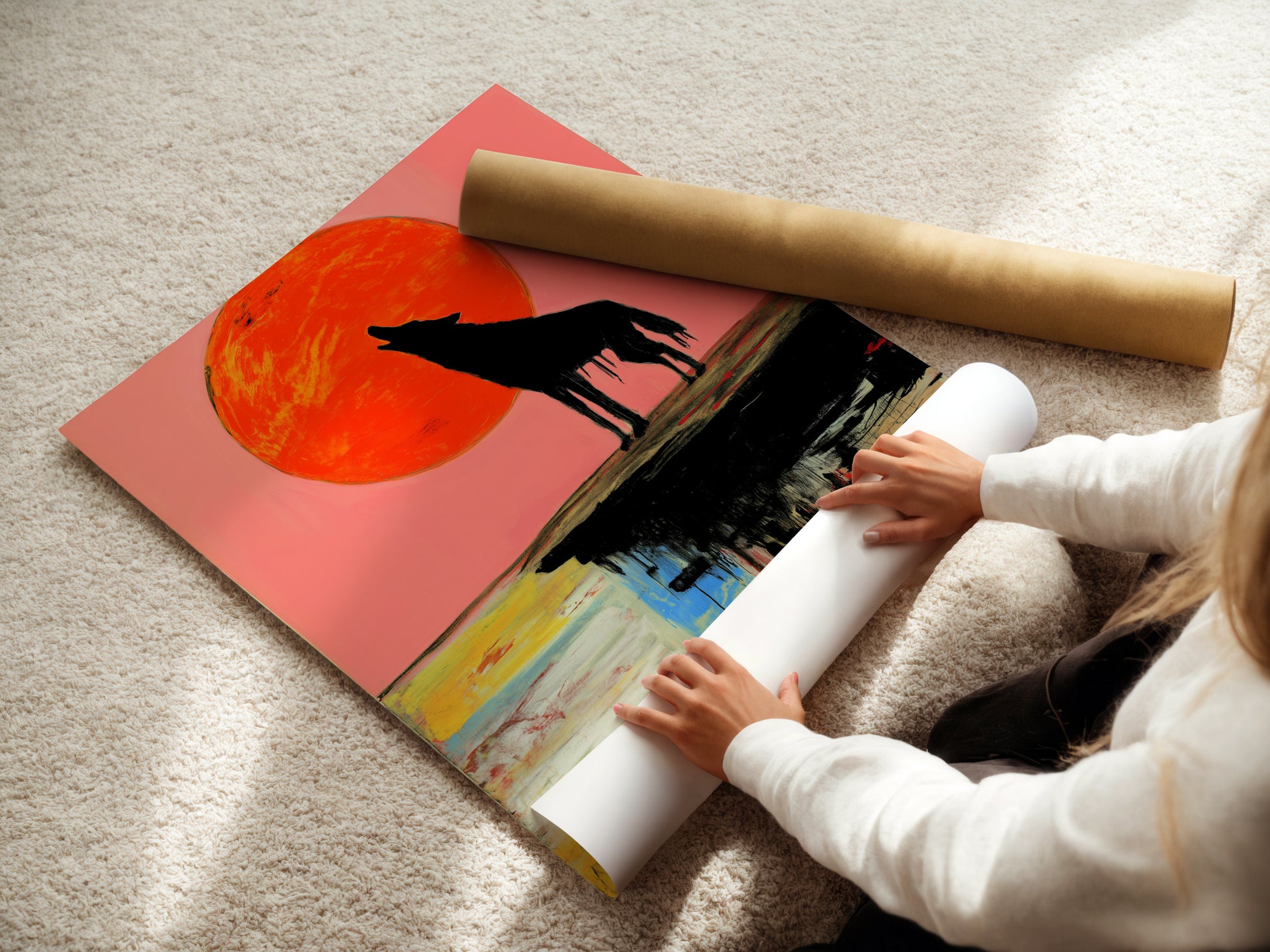 A woman carefully rolls a fine art poster paper of the Wolf Moon artwork. This abstract wildlife print features a howling wolf under a colorful sunset. The poster paper ensures a high-quality reproduction. Add a vibrant touch to your bedroom decor with this fine art print. Perfect for art lovers.