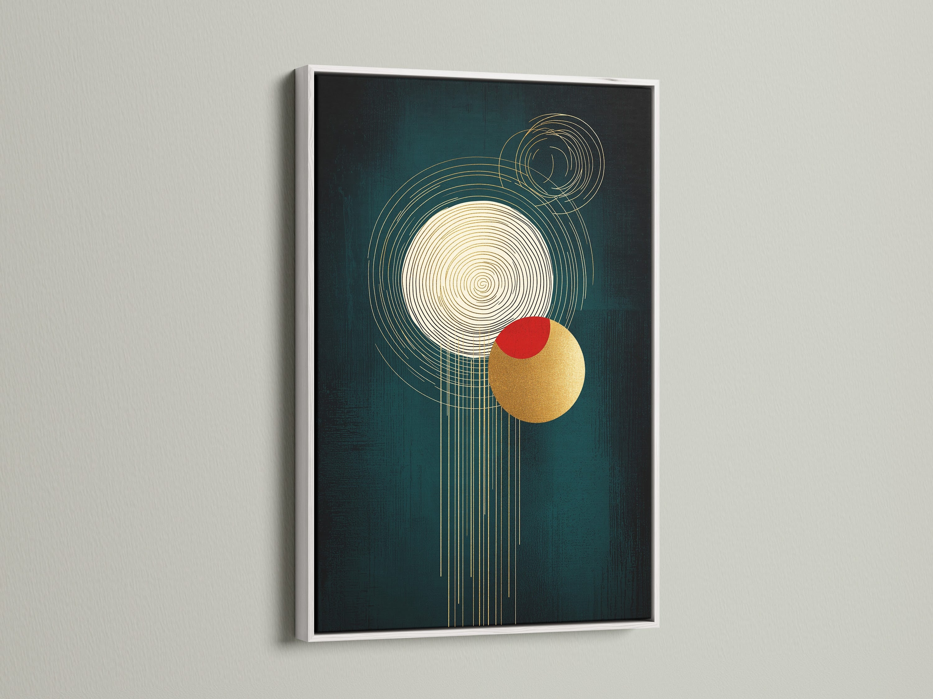 This modern artwork is showcased in a white frame. The abstract geometric print includes circles and lines. The colors are emerald green gold and a touch of red. A stylish piece for any contemporary space.
