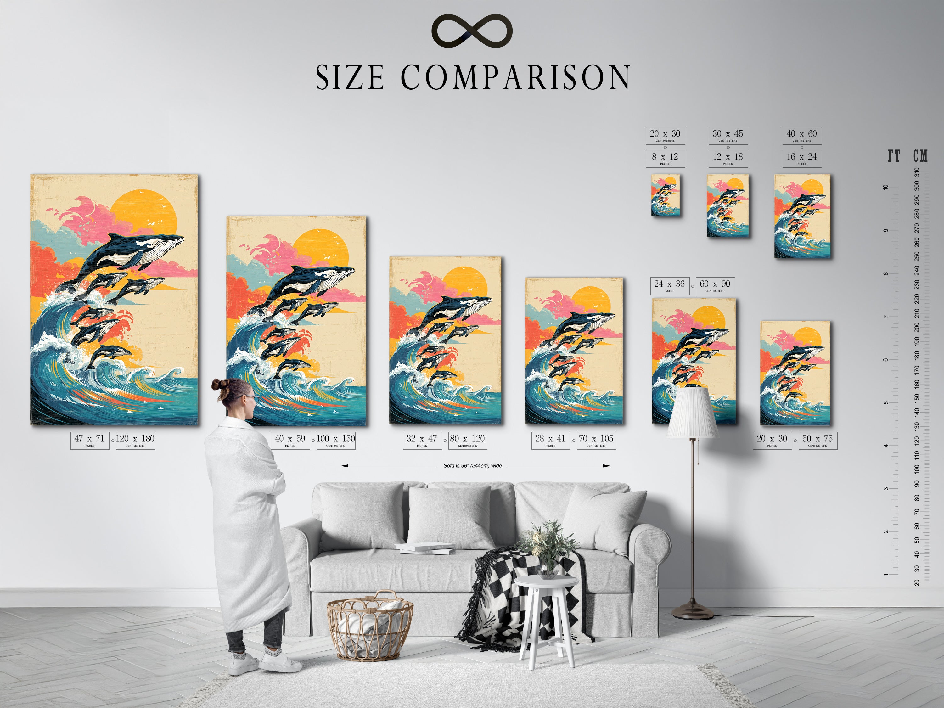 Size comparison chart in an interior setting. Chart shows various sizes of whale ocean artwork. See how different dimensions fit your space. Visualize the impact of this vintage marine wall art in your home. Perfect for coastal wall decor.