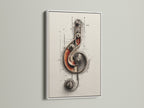 A white frame showcases the steampunk music note artwork. The artwork features mechanical gears and a treble clef. This industrial wall art adds a refined touch to any music studio or home office. Art collectors and educators will appreciate its creativity.