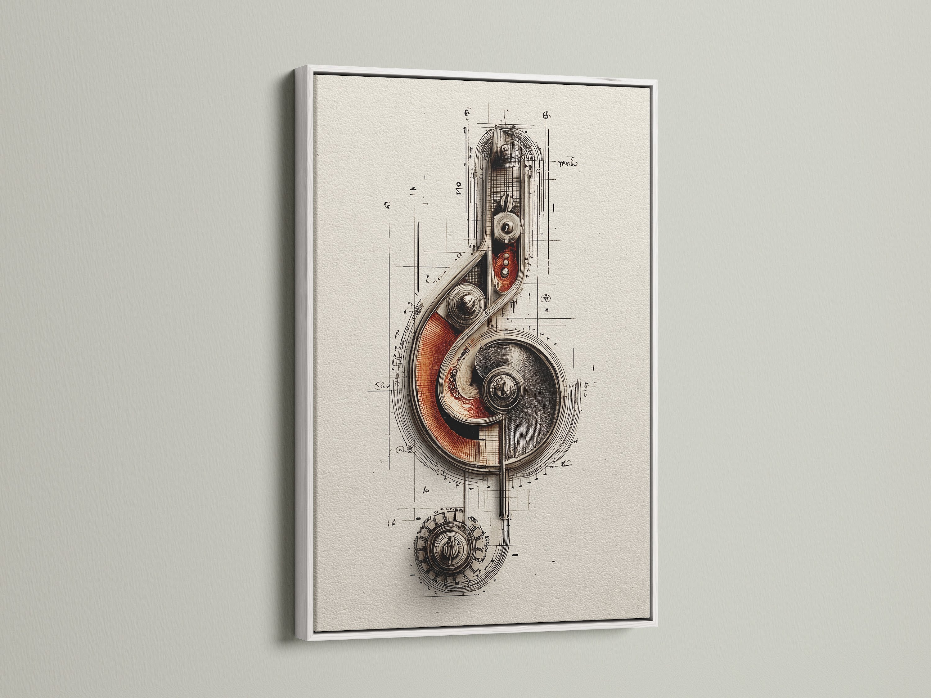 A white frame showcases the steampunk music note artwork. The artwork features mechanical gears and a treble clef. This industrial wall art adds a refined touch to any music studio or home office. Art collectors and educators will appreciate its creativity.