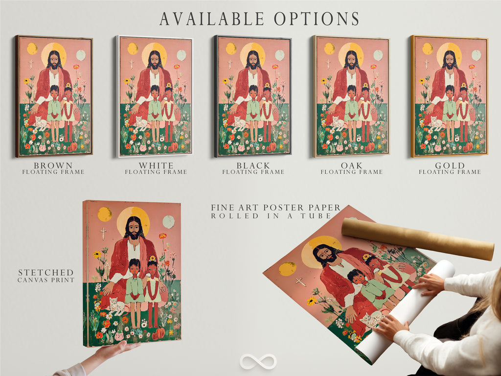 Explore available options for this folk art religious print. Choose from a stretched canvas print fine art poster paper or floating frame. The Christian canvas art is ideal for nursery and kids' room decor. Discover faith based art today.