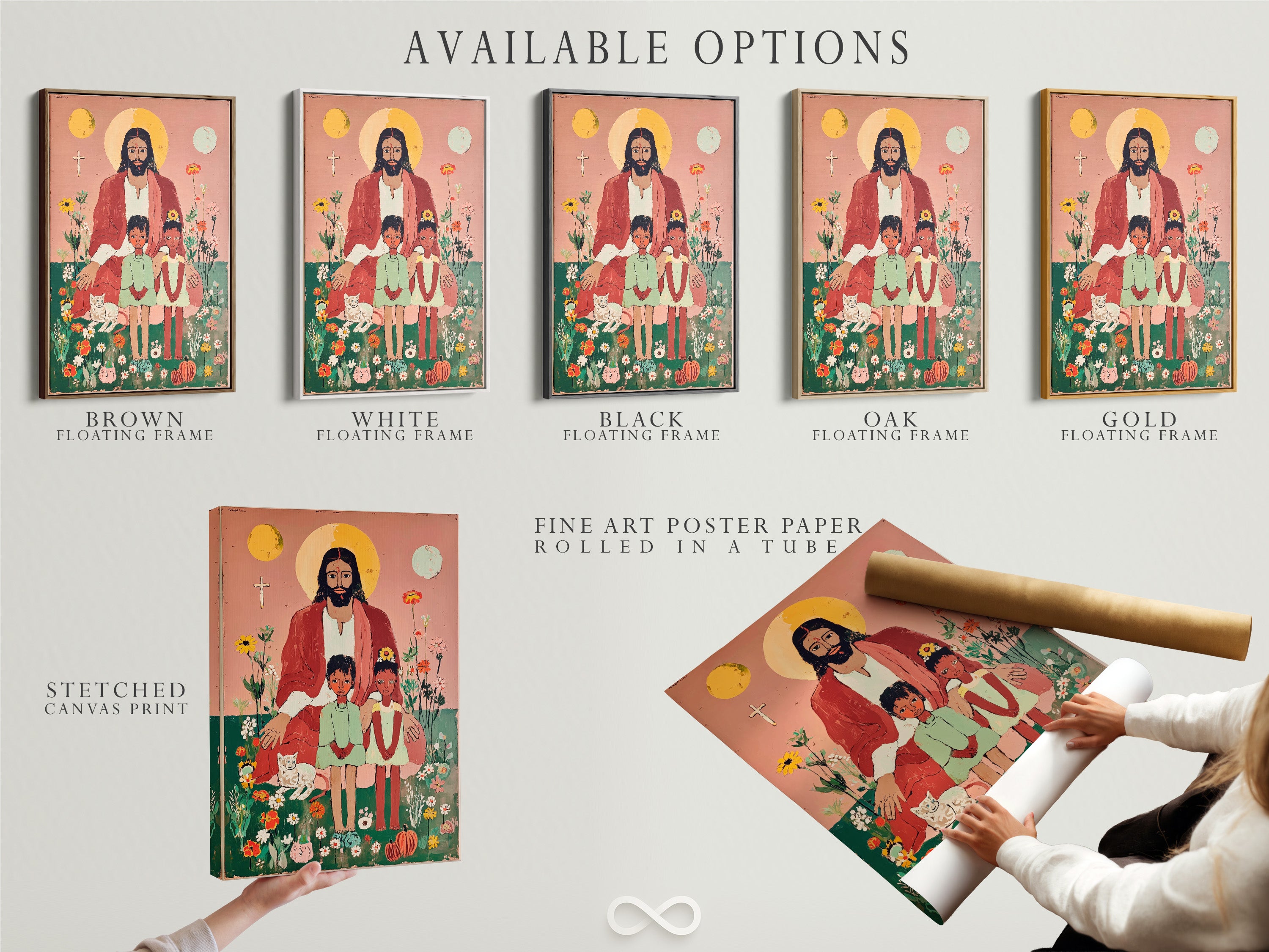 Explore available options for this folk art religious print. Choose from a stretched canvas print fine art poster paper or floating frame. The Christian canvas art is ideal for nursery and kids' room decor. Discover faith based art today.