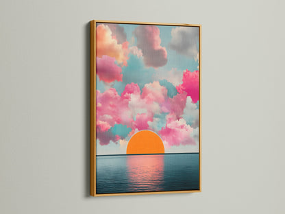 The Sunset Clouds artwork is displayed in a gold frame. The abstract seascape wall art adds a touch of elegance. The modern sky artwork is ideal for bedroom wall decor. Enjoy the calming art and ocean view with this horizon print.