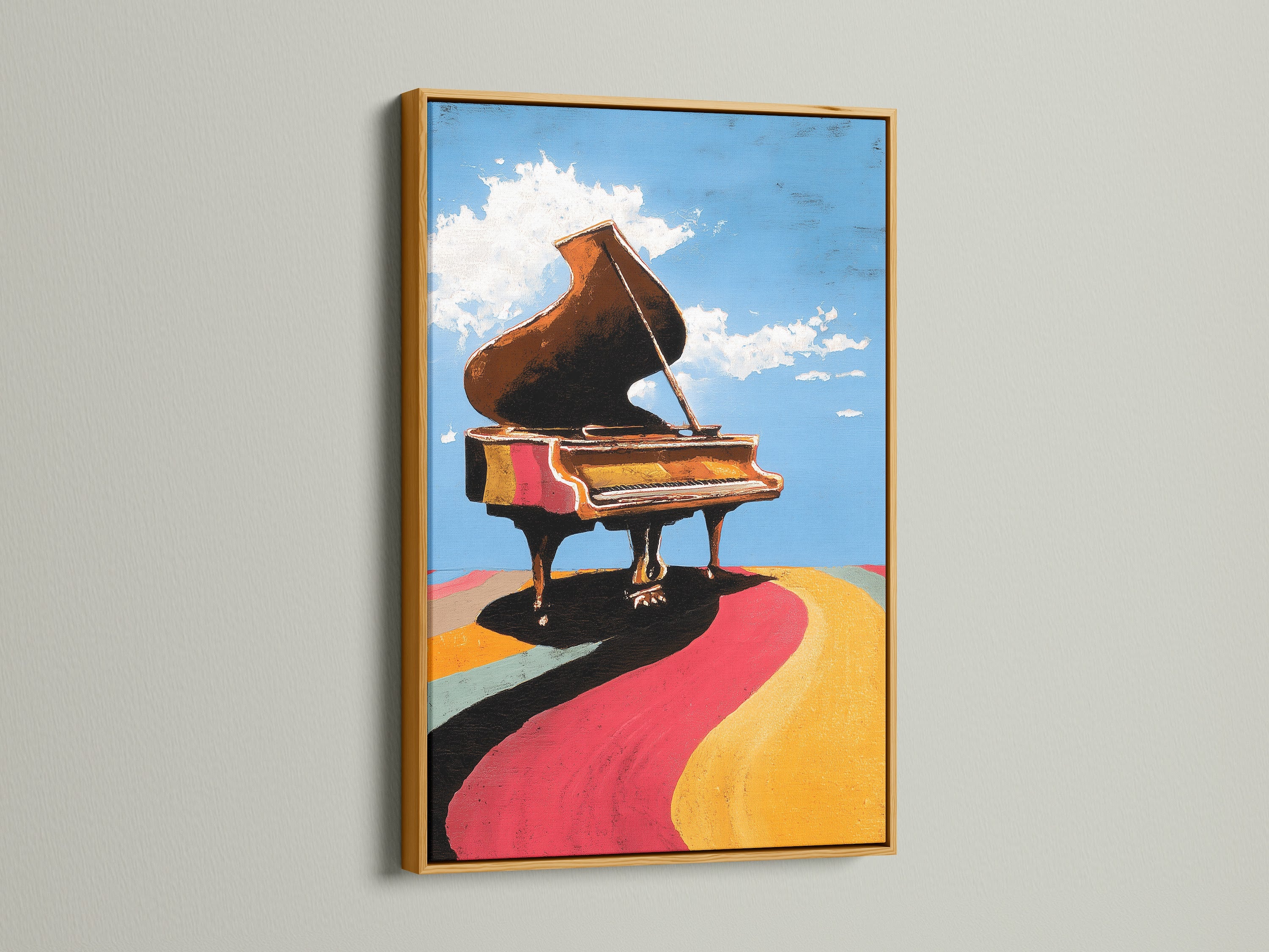 The piano artwork is elegantly framed in gold. The gold frame adds a luxurious touch to the artwork. This frame enhances the artwork's vibrant colors and details. Ideal for adding a touch of glamor to your living space. Elevate your home decor with this stylish framed print.