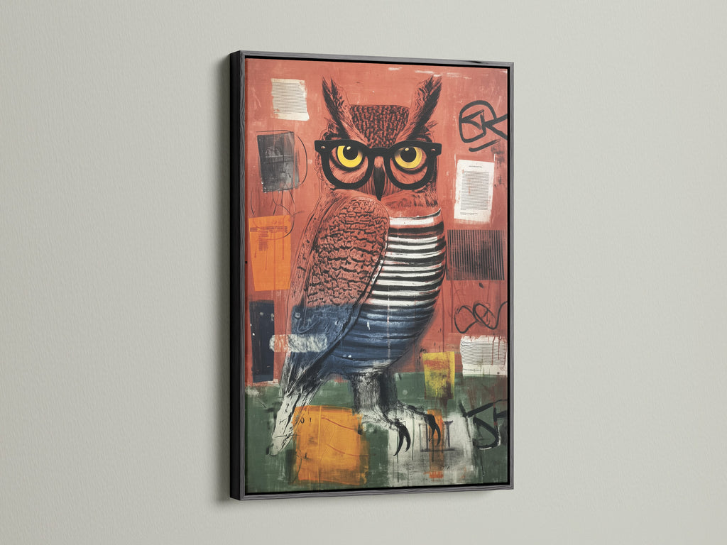 The black frame enhances the modern owl artwork. This contemporary art piece features a unique mixed media print. It's an excellent choice for adding an eclectic touch to your living room or office wall art.