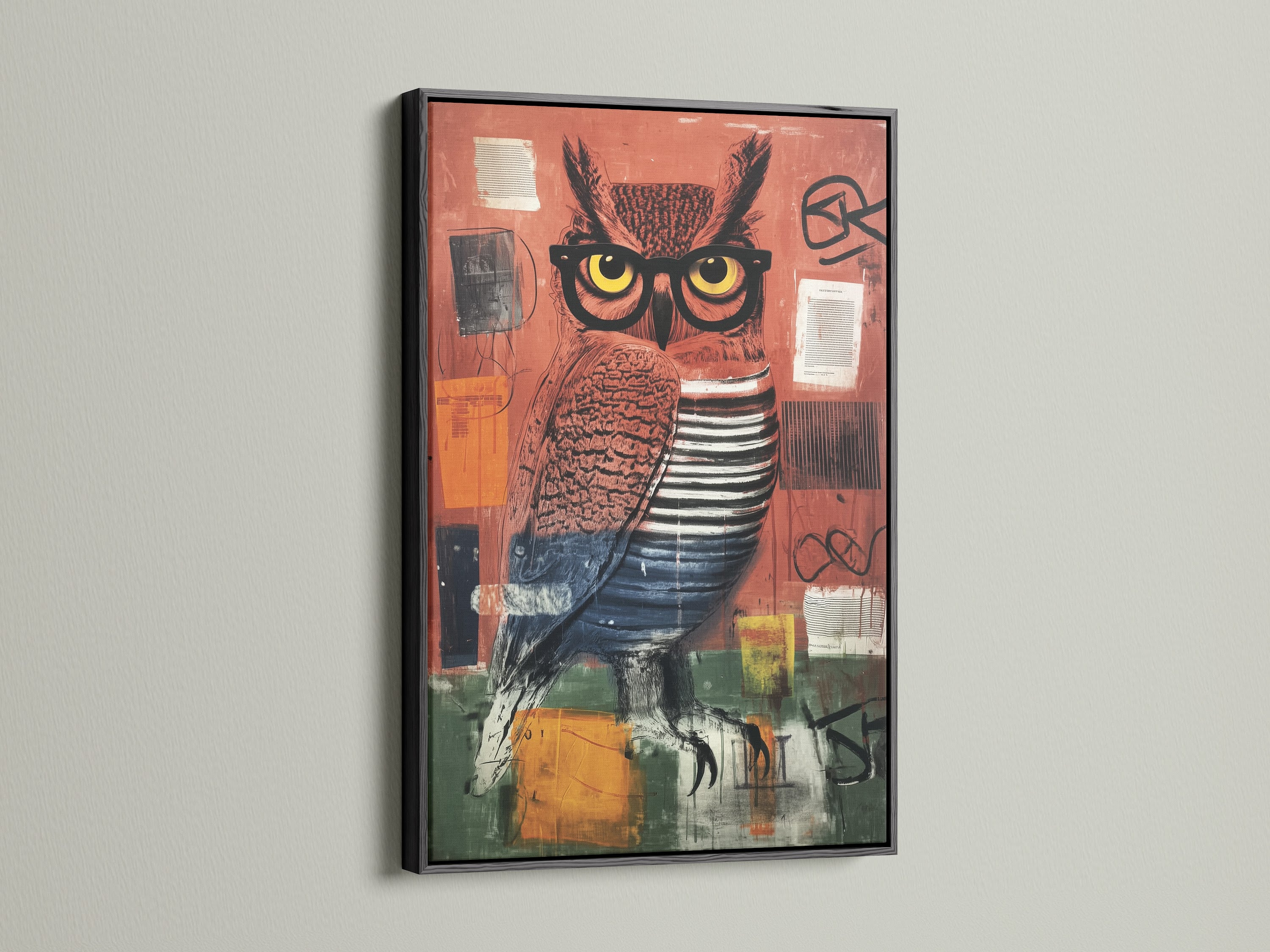 The black frame enhances the modern owl artwork. This contemporary art piece features a unique mixed media print. It's an excellent choice for adding an eclectic touch to your living room or office wall art.