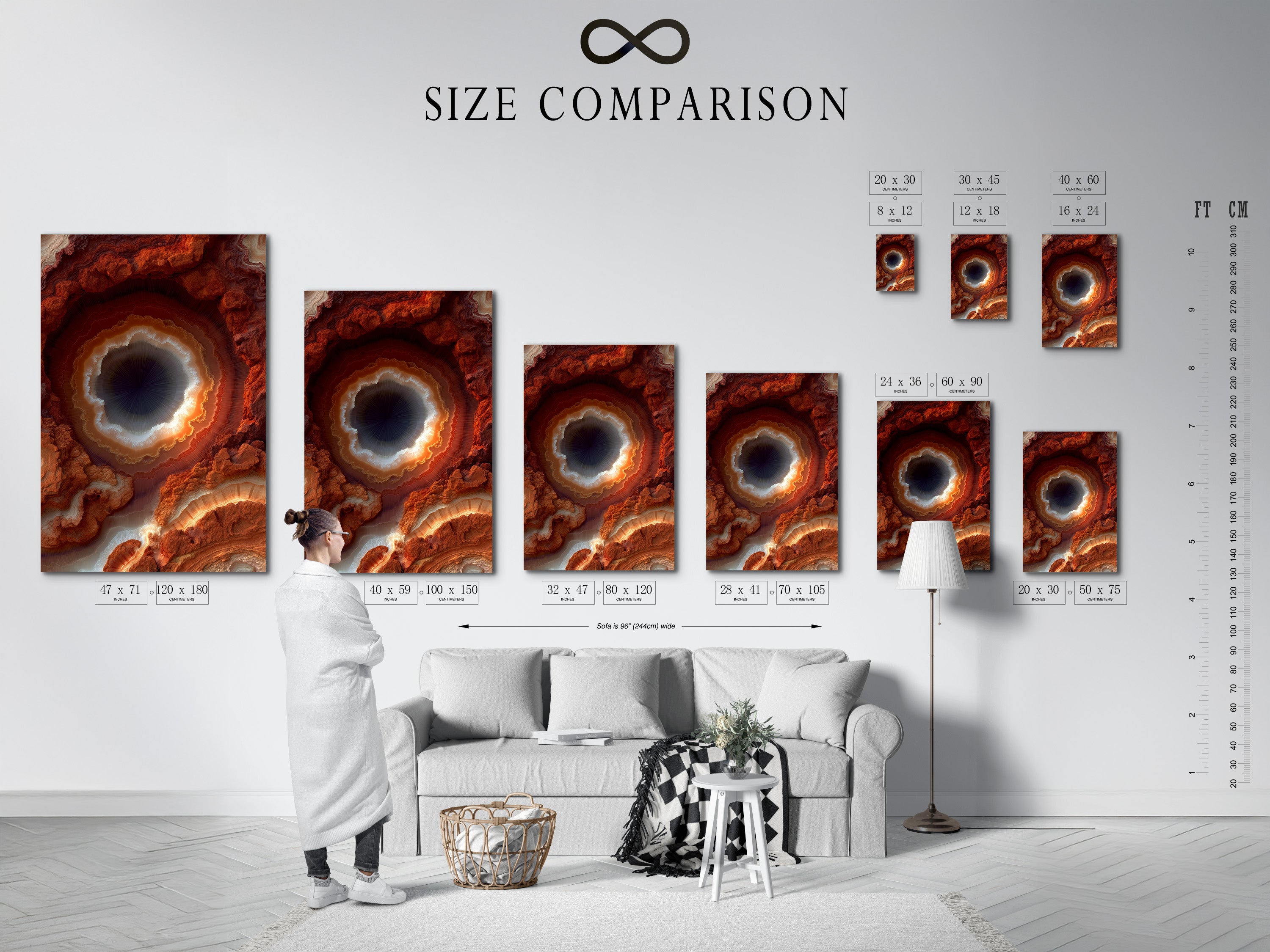 Size comparison chart in an interior setting. See the various sizes of our geode art prints. This rust orange agate wall art offers a modern crystal canvas print. Perfect for office decor and abstract mineral artwork.