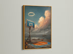 This coastal basketball artwork features a gold frame. It adds a touch of luxury and elegance. Perfect for sport artwork in a game room. The gold frame enhances the coastal wall art. A sophisticated gift for him. Transform your space with this gold-framed artwork.