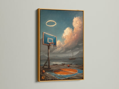 This coastal basketball artwork features a gold frame. It adds a touch of luxury and elegance. Perfect for sport artwork in a game room. The gold frame enhances the coastal wall art. A sophisticated gift for him. Transform your space with this gold-framed artwork.