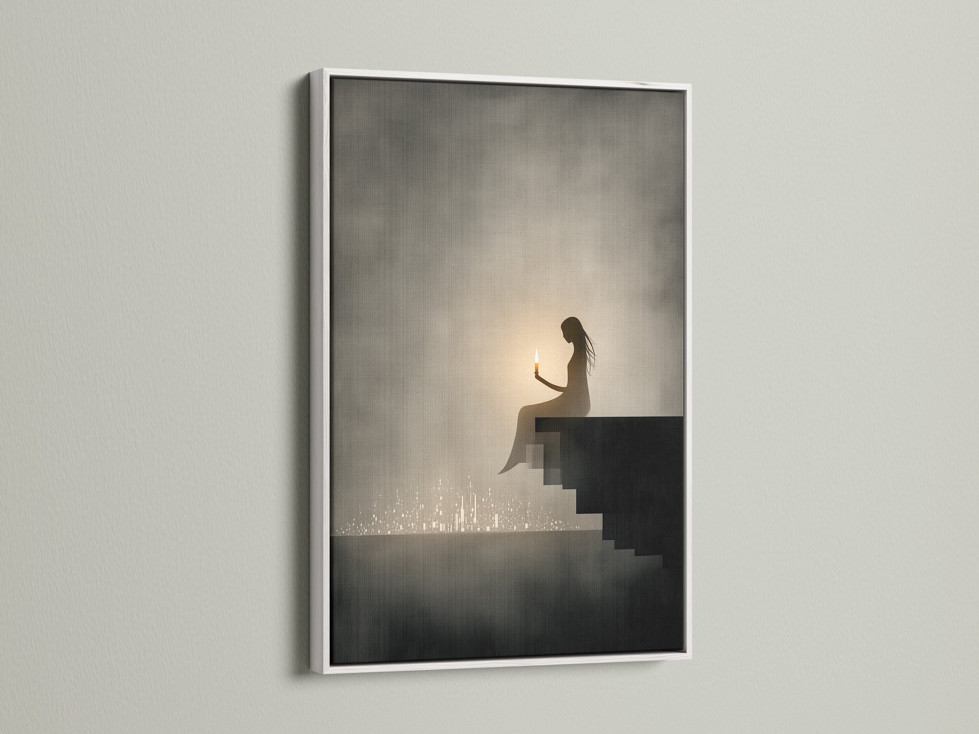 The Silhouette Canvas Print is showcased with a white frame. This serene artwork enhances any meditation space. It's a perfect addition as minimalist gray wall art for creating a calming home environment.