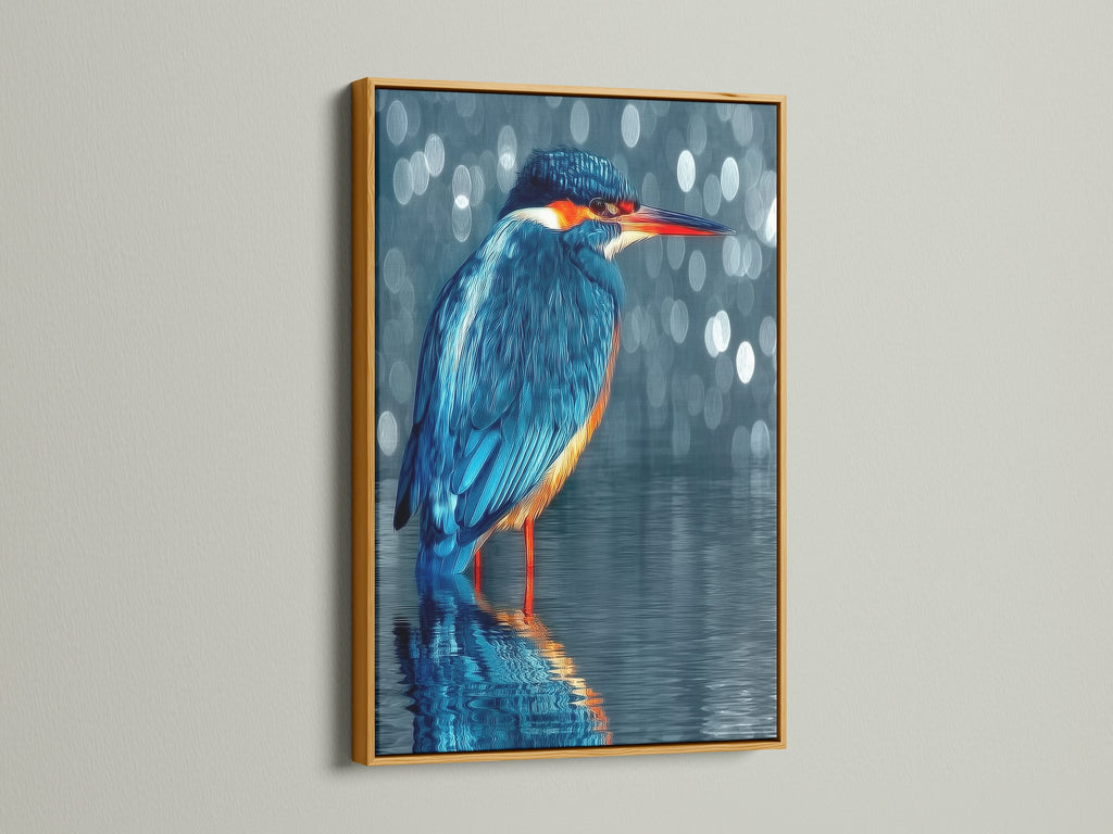 This kingfisher artwork shines in a gold frame. The blue bird print adds elegance to any room. This avian artwork is perfect for contemporary homes. The nature artwork enhances minimalist decor