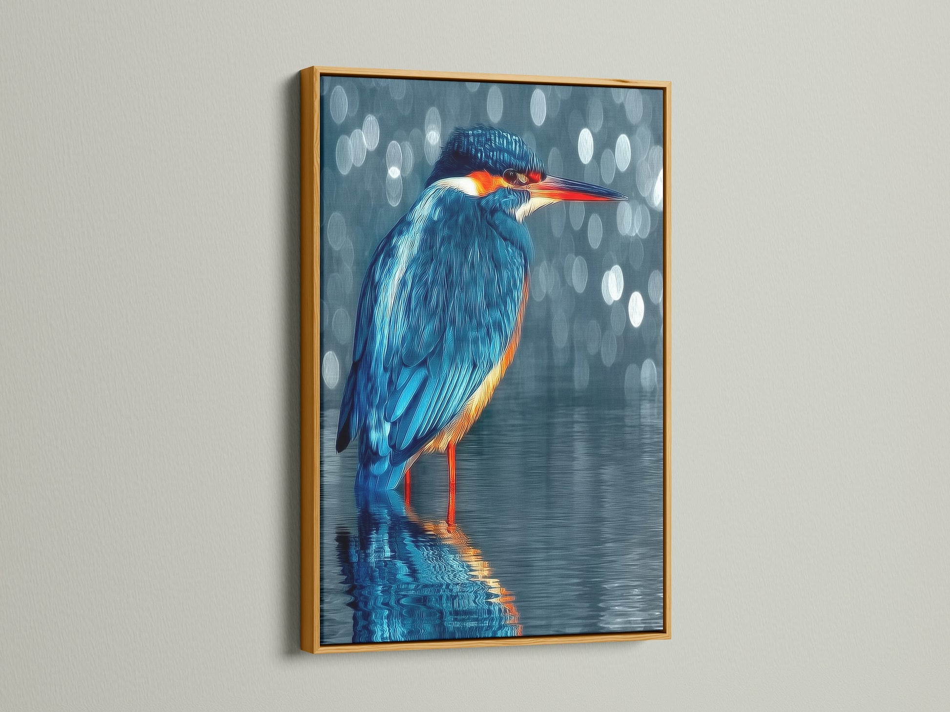 This kingfisher artwork shines in a gold frame. The blue bird print adds elegance to any room. This avian artwork is perfect for contemporary homes. The nature artwork enhances minimalist decor