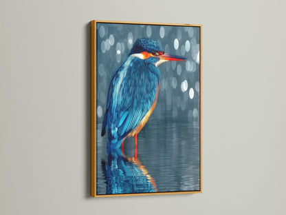 This kingfisher artwork shines in a gold frame. The blue bird print adds elegance to any room. This avian artwork is perfect for contemporary homes. The nature artwork enhances minimalist decor
