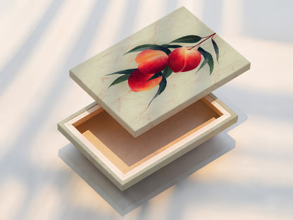 View a stretched canvas print featuring peach fruit botanical wall art. This piece is ready to hang. It adds a fresh touch to modern kitchen decor and farmhouse style. The stretched canvas provides a gallery-ready look. Enhance your living space with this artwork.