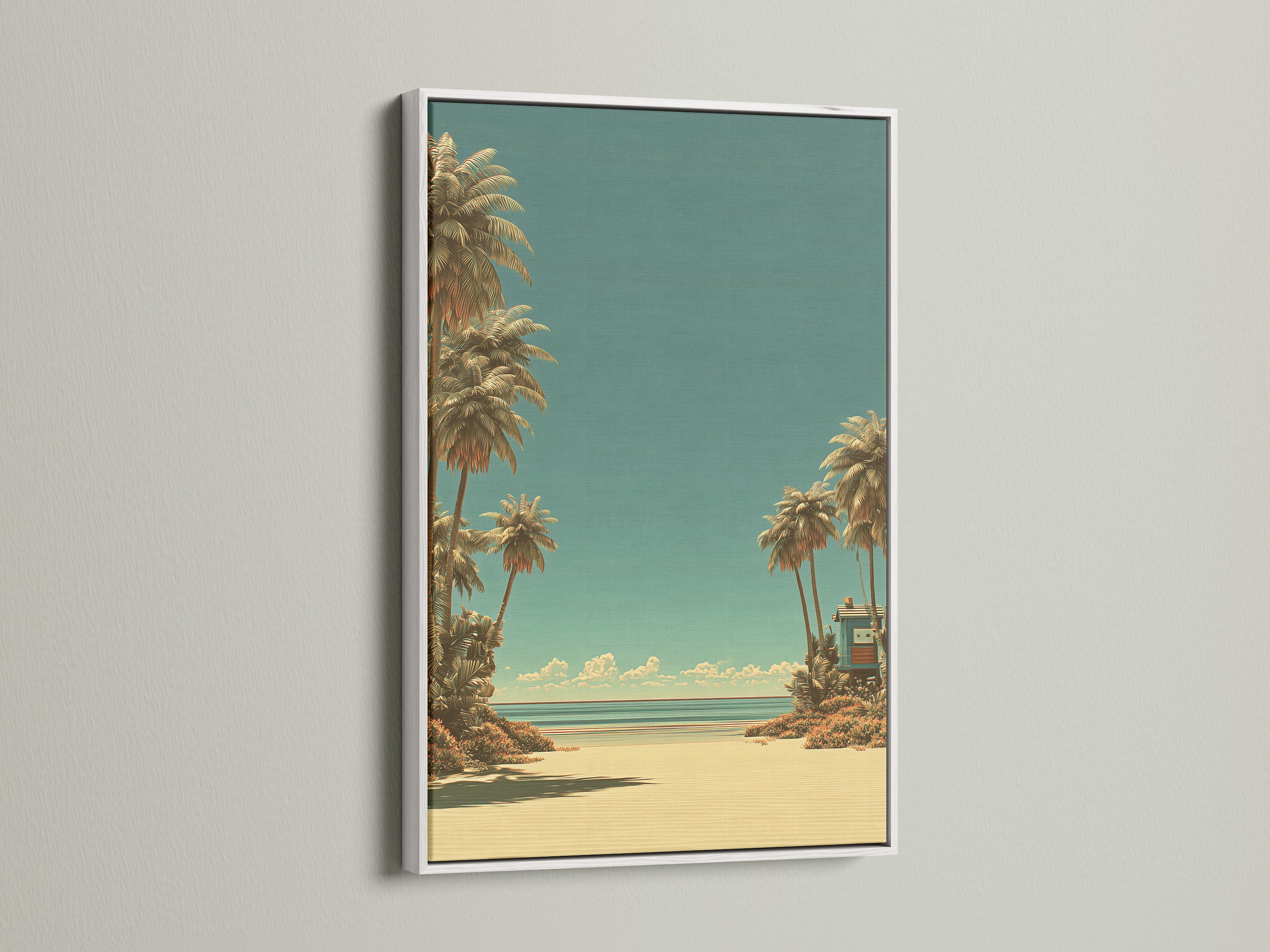 A serene beach scene artwork is showcased in a white frame. The light frame accentuates the artwork. The white frame complements any decor. Add a fresh touch to your home with framed art.