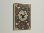 Artwork in an oak frame displayed on a wall. The frame accentuates the spider and rose art. The piece provides a unique focal point. This framed artwork brings a touch of sophistication. Perfect for any room.