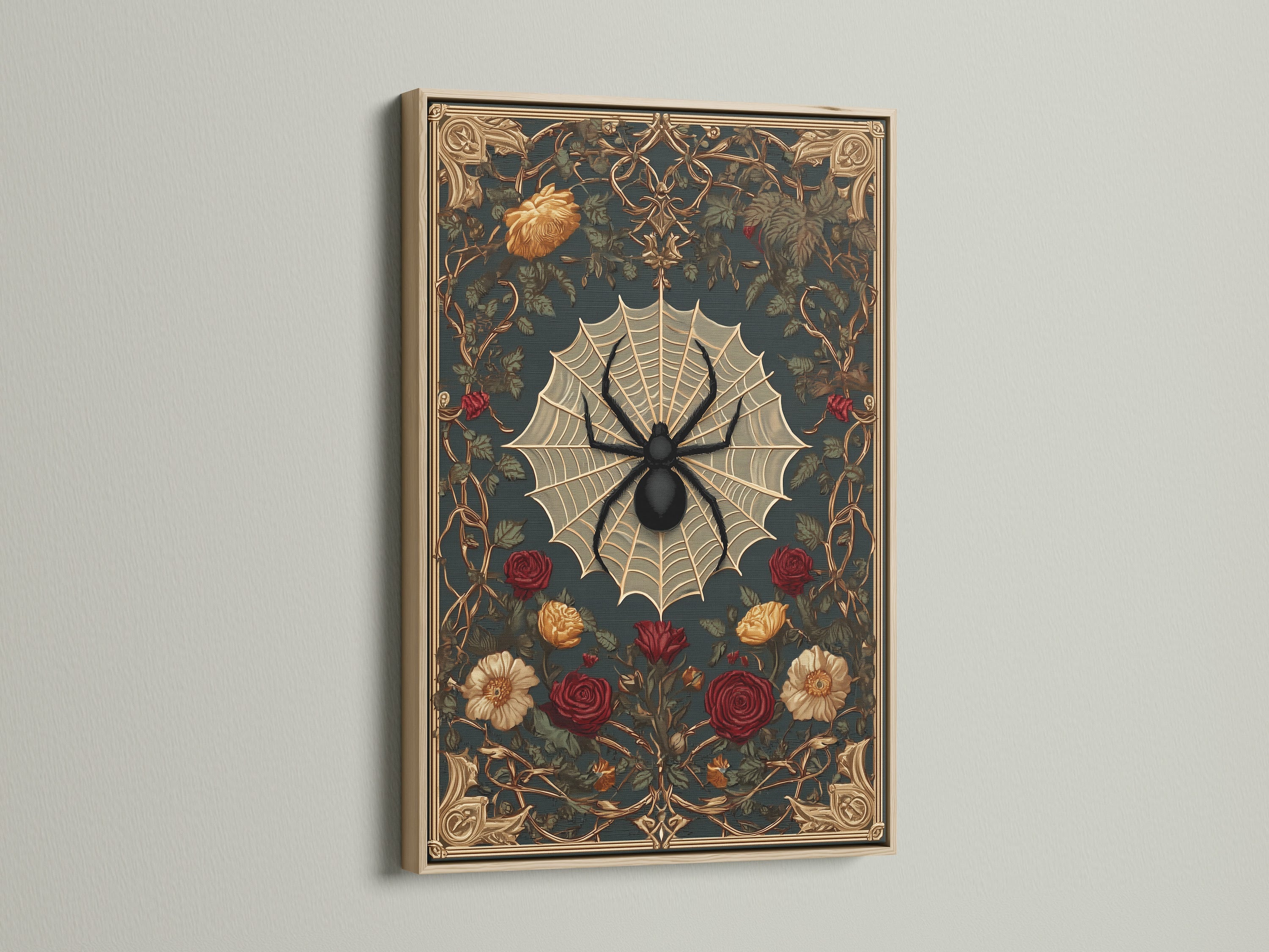 Artwork in an oak frame displayed on a wall. The frame accentuates the spider and rose art. The piece provides a unique focal point. This framed artwork brings a touch of sophistication. Perfect for any room.