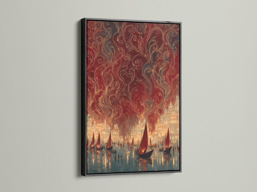 The black frame accentuates the vintage harbor canvas print. The sailing ships wall art complements the nautical city lights poster. This maritime artwork is suitable for various decor styles. It adds a touch of sophistication to your office.