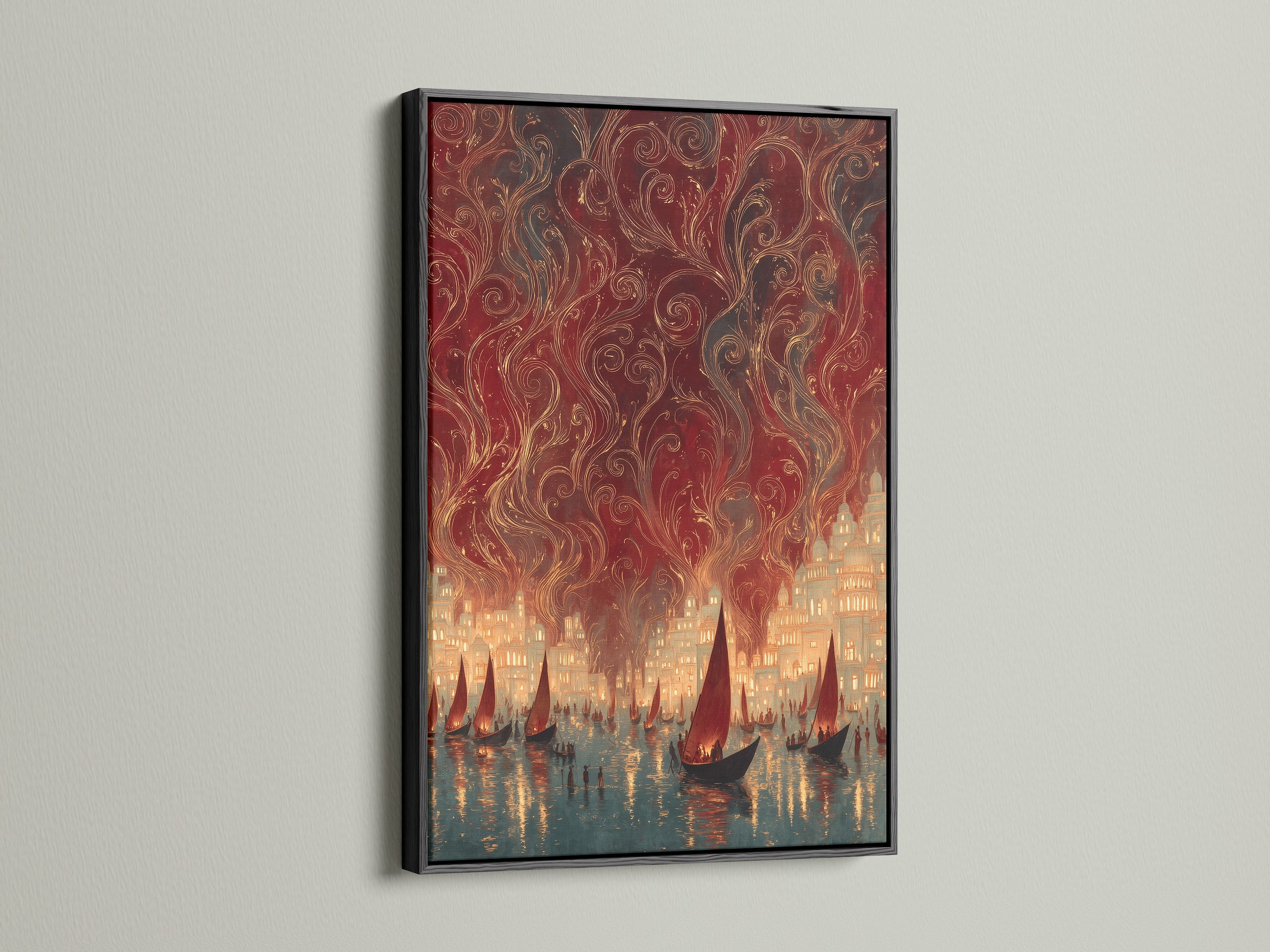 The black frame accentuates the vintage harbor canvas print. The sailing ships wall art complements the nautical city lights poster. This maritime artwork is suitable for various decor styles. It adds a touch of sophistication to your office.