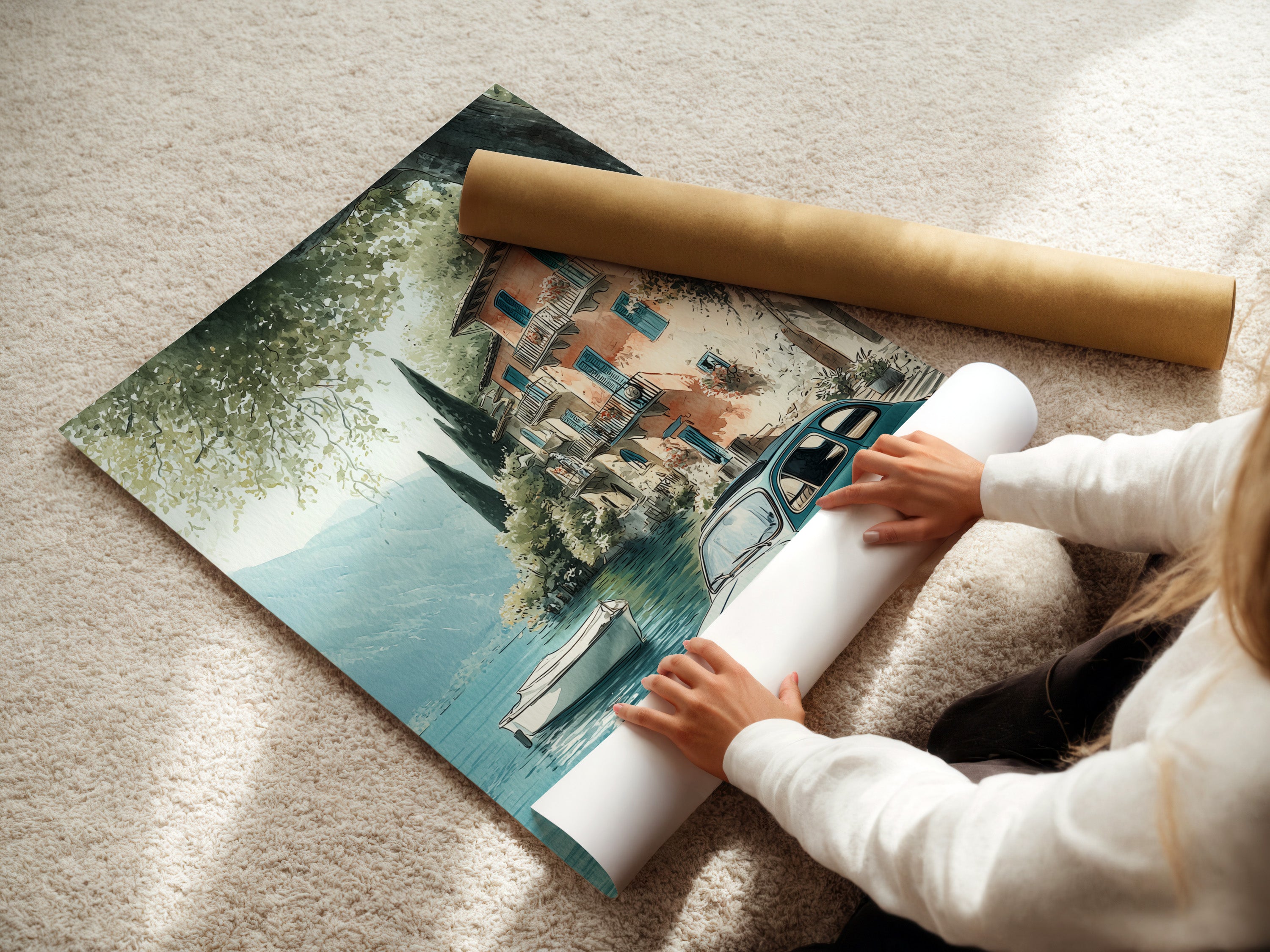 Stampa artistica vintage della costa italiana - Scena di lago mediterraneo, decorazione murale di auto d'epoca, poster di viaggio retrò, arte di un villaggio europeo