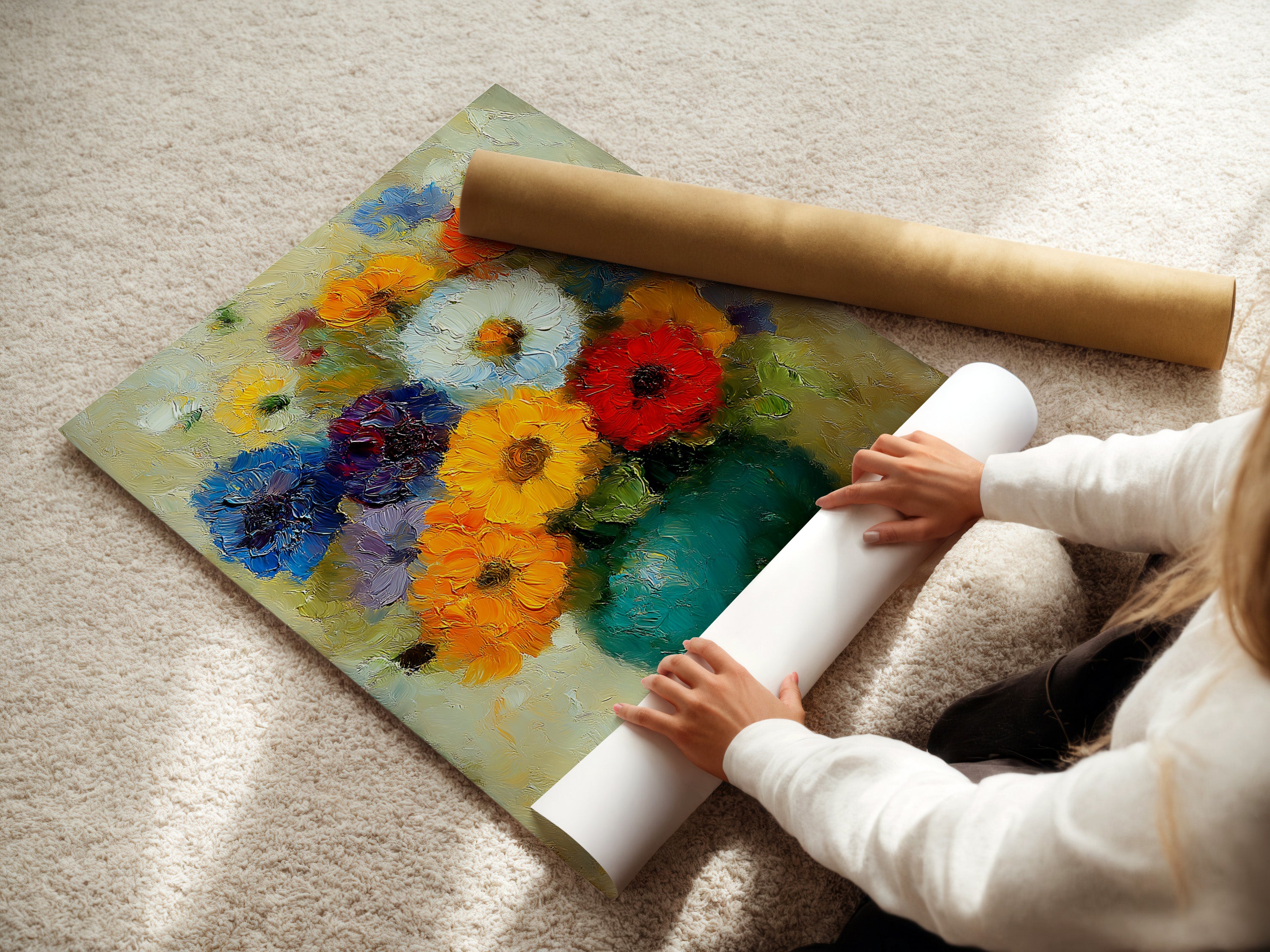 Woman Rolling a Fine Art Poster Paper. High-quality vibrant flower artwork is available on fine art paper. Perfect for framing or hanging as is. Elevate your space today.