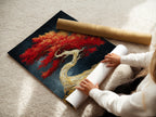 A woman carefully rolls a fine art poster paper print. Preparing the Japanese bonsai tree artwork for display. This red maple print is perfect for zen wall decor. Ideal for adding a touch of Asian style to any space. High-quality materials ensure lasting beauty.