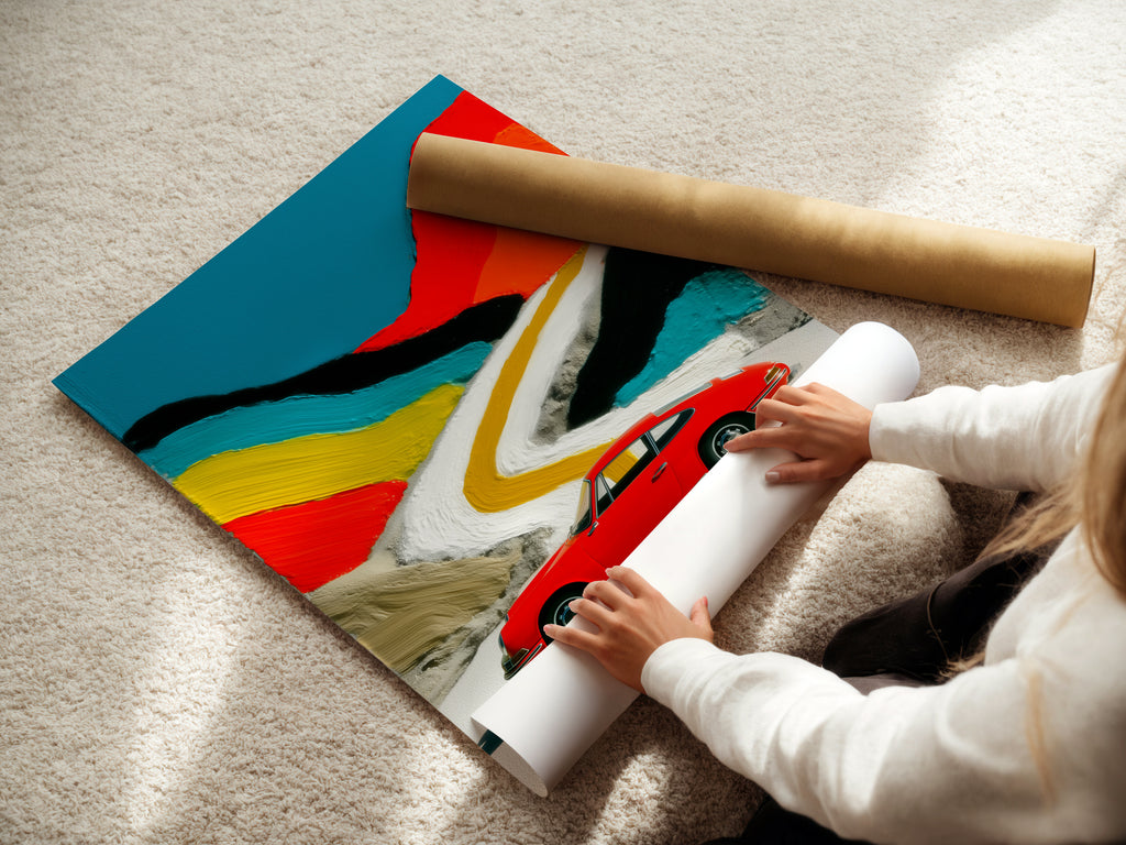A woman rolling a fine art poster paper. The poster showcases vintage car art. It makes for a stylish retro car print for modern spaces. This art is perfect for interior designers or stagers.