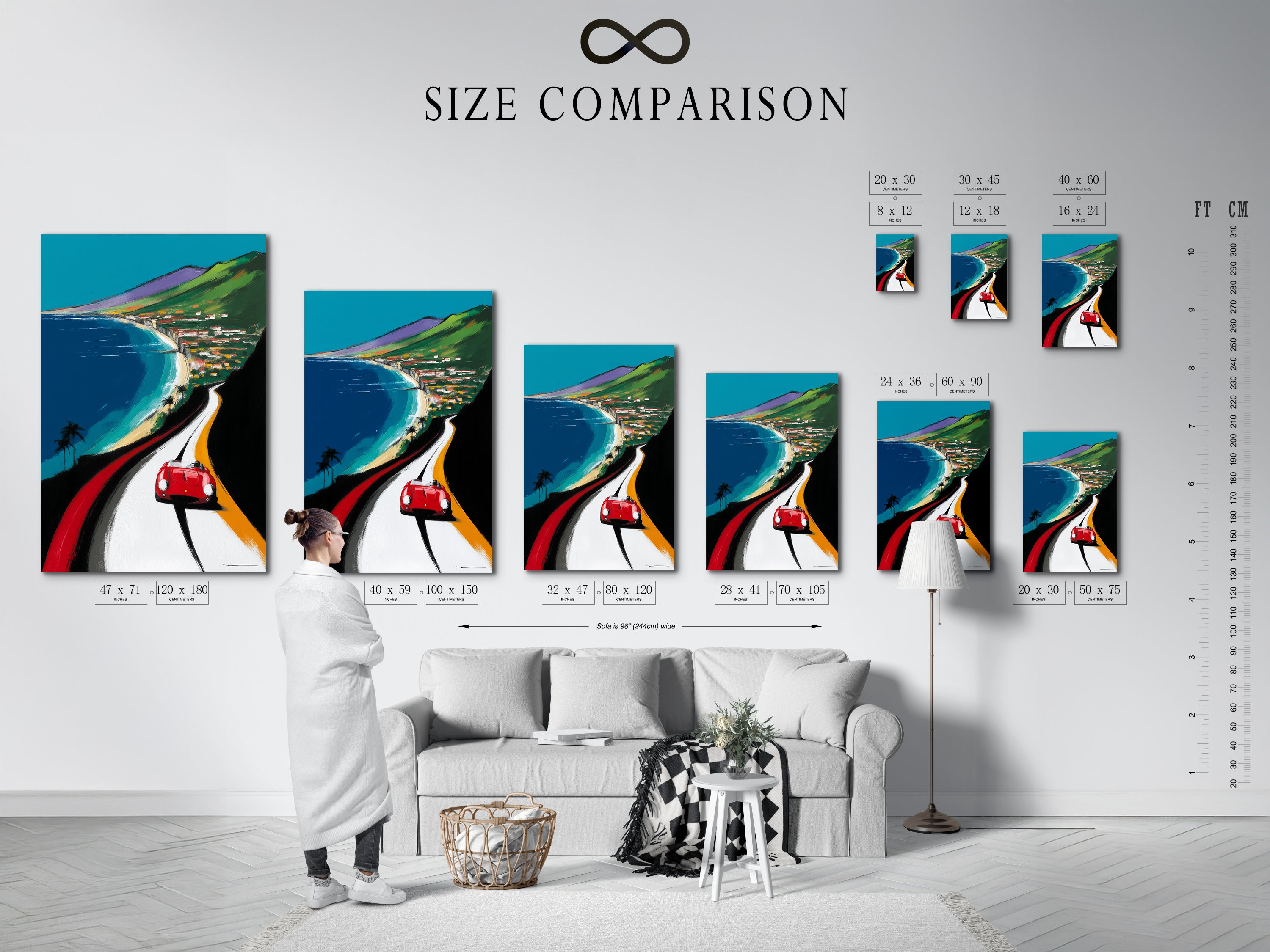 A size comparison chart featuring the Coastal Road Trip artwork in an interior setting. Visualize how this vintage car print fits in your space. The retro highway art complements various decor styles. Great for travel enthusiasts.