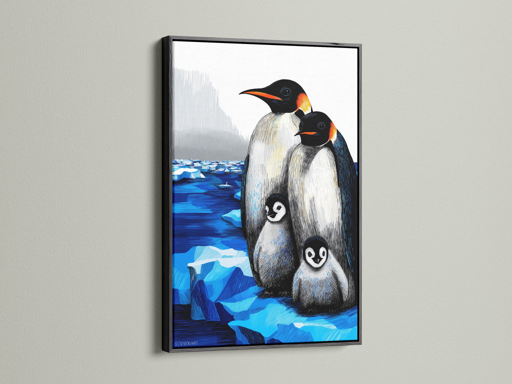 Penguin Family Wall Art with a Black Frame. This striking black frame highlights the teal blue accents. The penguin artwork is great for a playroom or nursery. Add a touch of wildlife charm to your home. Order yours today.
