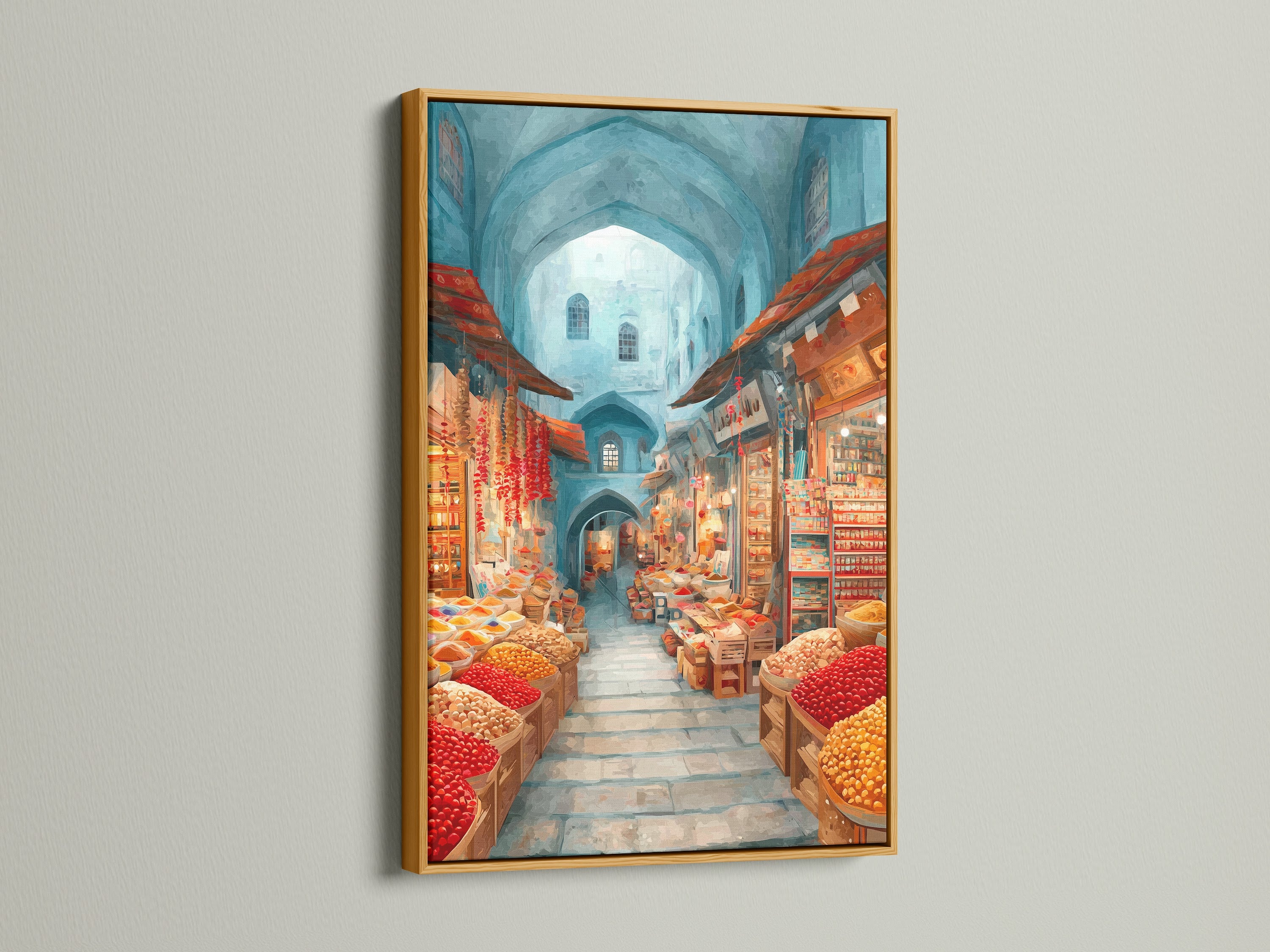 Spice Market artwork with a gold frame. Add refined culinary wall decor to your home. The artwork has rich details and vibrant colors. The gold frame enhances the art's elegance.