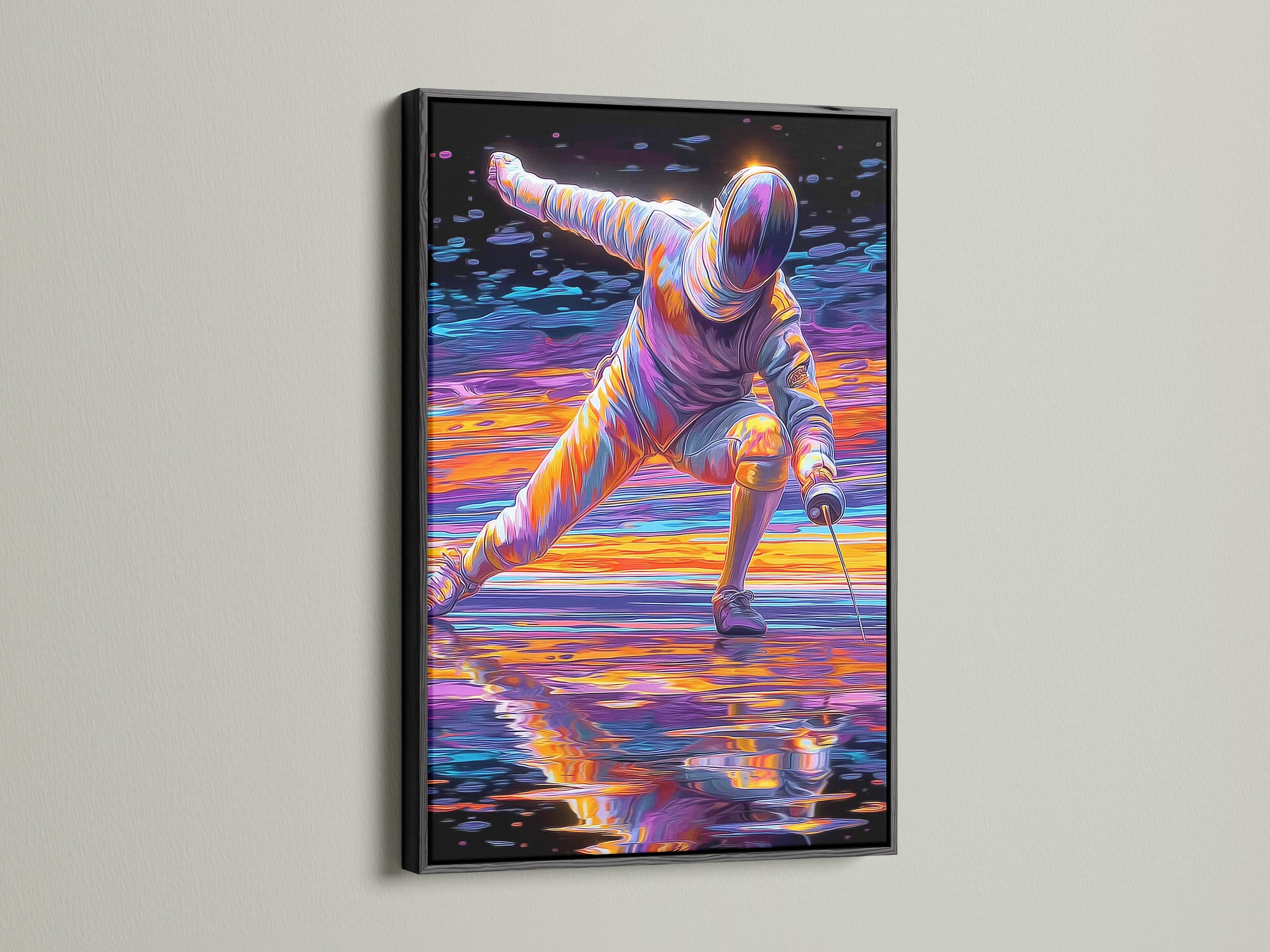 Fencing sport canvas print is displayed with a black frame. The athlete wall art adds a competitive edge to your decor. This modern artwork is ideal for living rooms and studios. It captures the energy of sports.