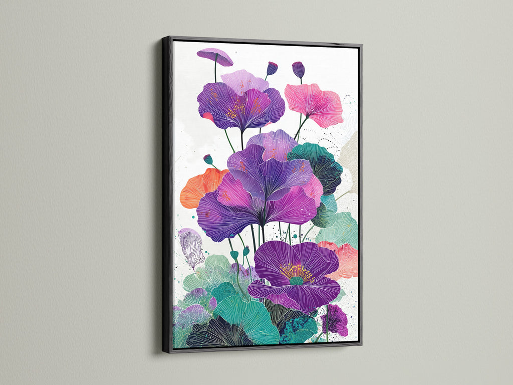 Floral Canvas Print with a Black Frame. This black frame accentuates the modern flower artwork. It makes a bold statement. The purple botanical art is perfect for a contemporary home or office setting. Modern art.