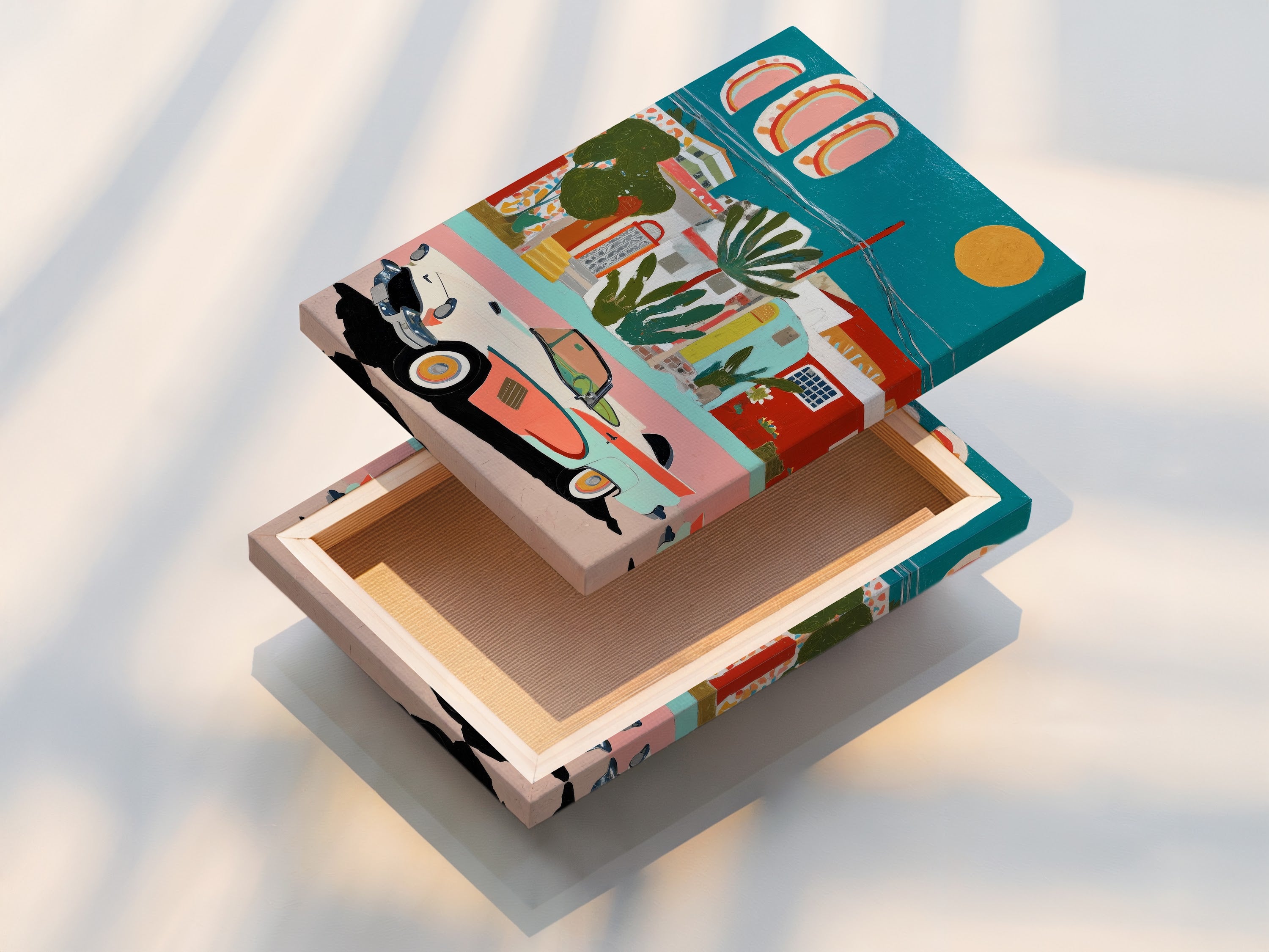 A stretched canvas print featuring Mediterranean Village artwork. The canvas print showcases a vintage car and coastal decor. The stretched canvas provides a gallery-ready look. This is perfect for adding a touch of tropical style to your living space.