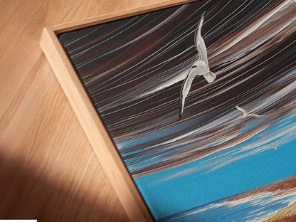 Close-up of a canvas print in a floating frame. The lighthouse artwork offers a modern coastal touch. The nautical print enhances beach house decor. This seascape wall art captures ocean beauty.