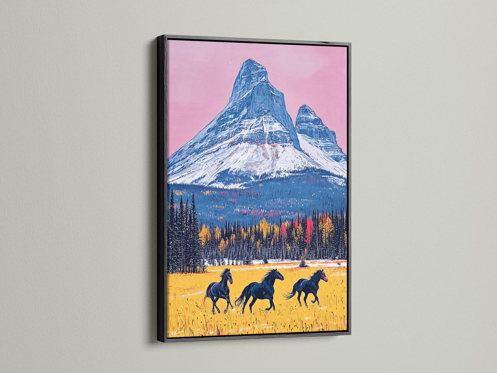 Add a touch of sophistication with a black framed mountain horse artwork. The black frame enhances the rustic art print. This horse canvas art is perfect for any room. It creates a focal point in your space. Enjoy this stunning western wall decor.
