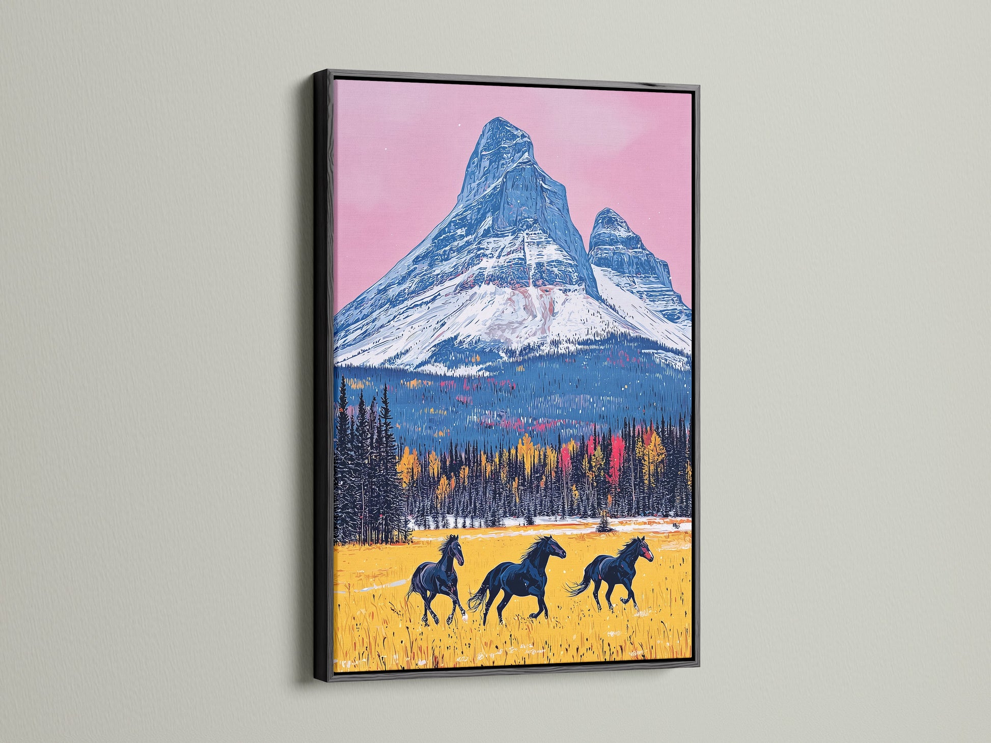 Add a touch of sophistication with a black framed mountain horse artwork. The black frame enhances the rustic art print. This horse canvas art is perfect for any room. It creates a focal point in your space. Enjoy this stunning western wall decor.