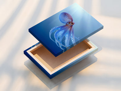 This stretched canvas print showcases vibrant octopus art. The teal blue sea wall art is ready to hang. The marine animal artwork is stretched perfectly. It will add coastal charm to any room. This ocean print is a statement piece for your home. Enjoy the beauty of sea canvas.